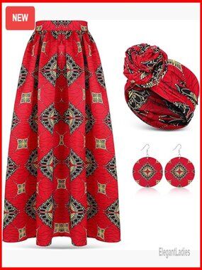 Maxi Skirt Set with Pockets, Head Wrap, Earrings - Boho African Style
